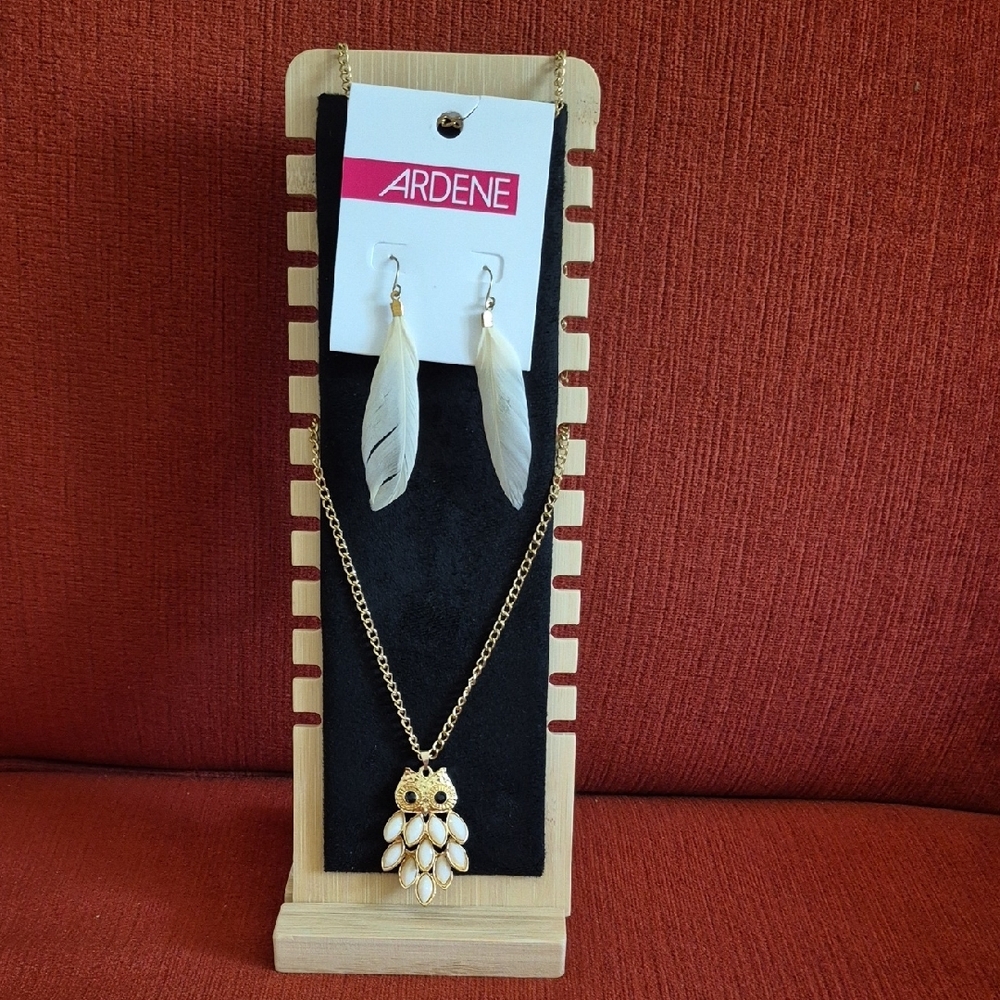 Owl Necklace and Feather Earring Set Beho Chic Y2K, New With Tags